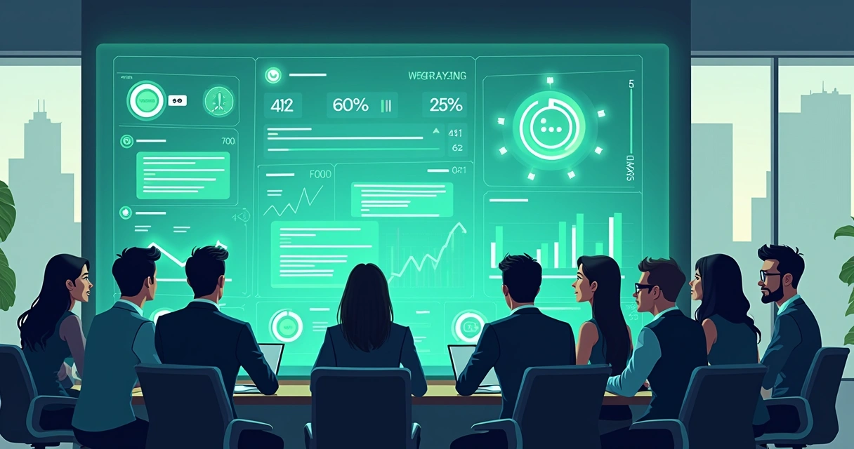 Equipe observa tela grande com dashboard de Whatsapp empresarial 