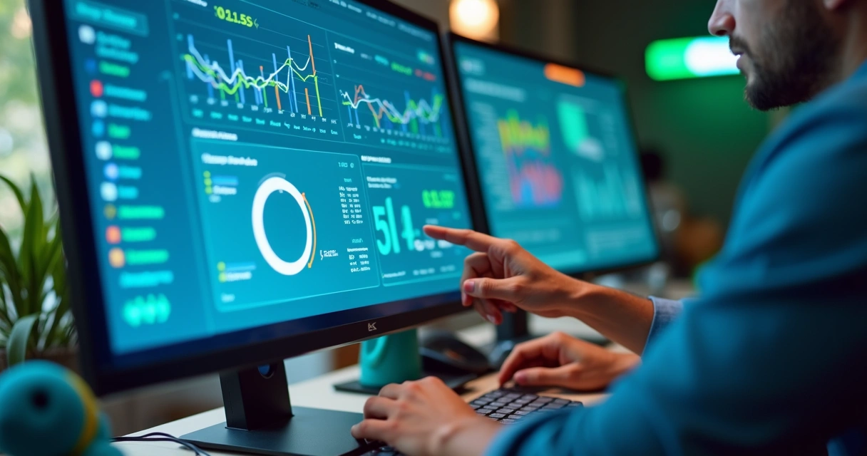 Dashboard colorido em tela de computador com gráficos interativos 