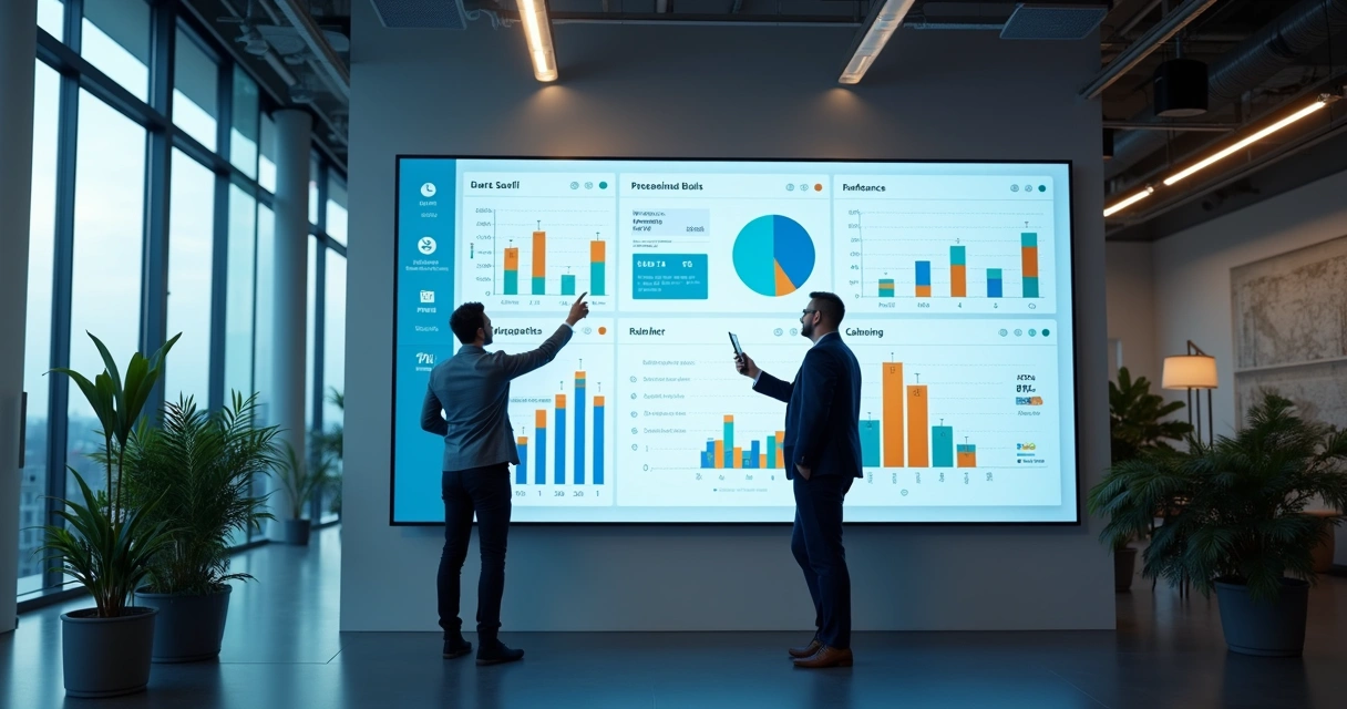 Dashboard interativo com gráficos coloridos em ambiente de escritório moderno 