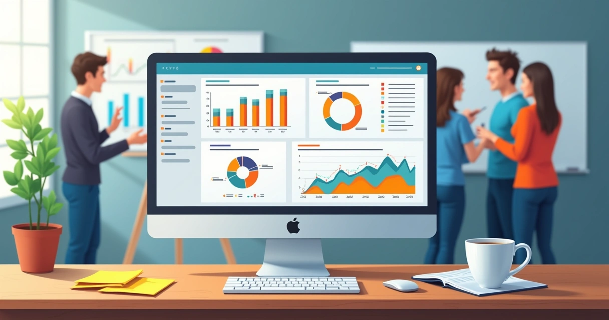 Dashboard colorido com gráficos e alertas em tela de computador na mesa 