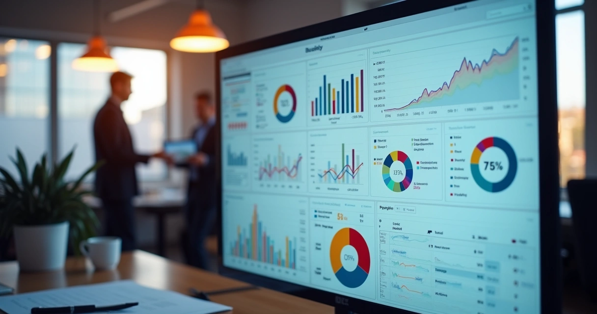 Dashboard de dados com gráficos interativos coloridos em ambiente corporativo 