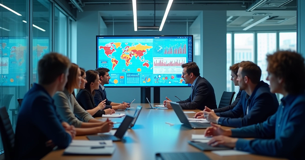 Painel de dados colorido com gráficos interativos em tela grande 