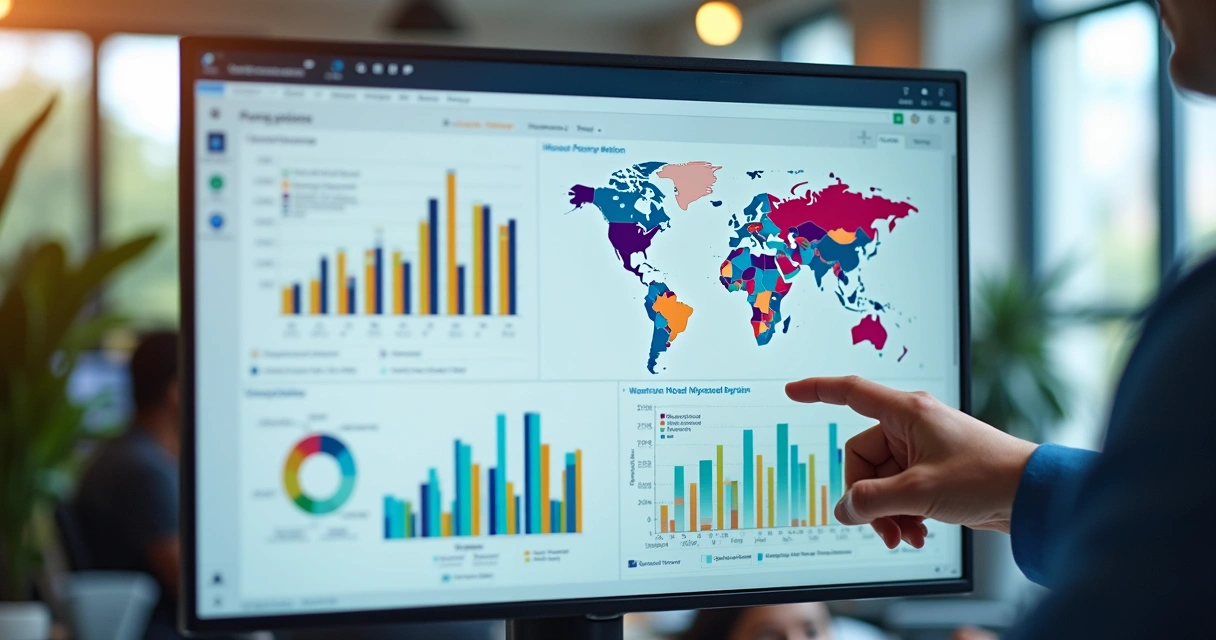 Dashboard do Power BI com gráficos interativos e mapas. 