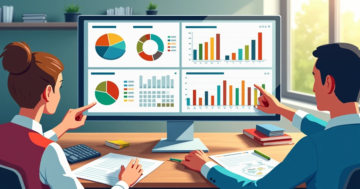 Dashboard interativo no Power BI com gráficos coloridos em tela de computador corporativo 