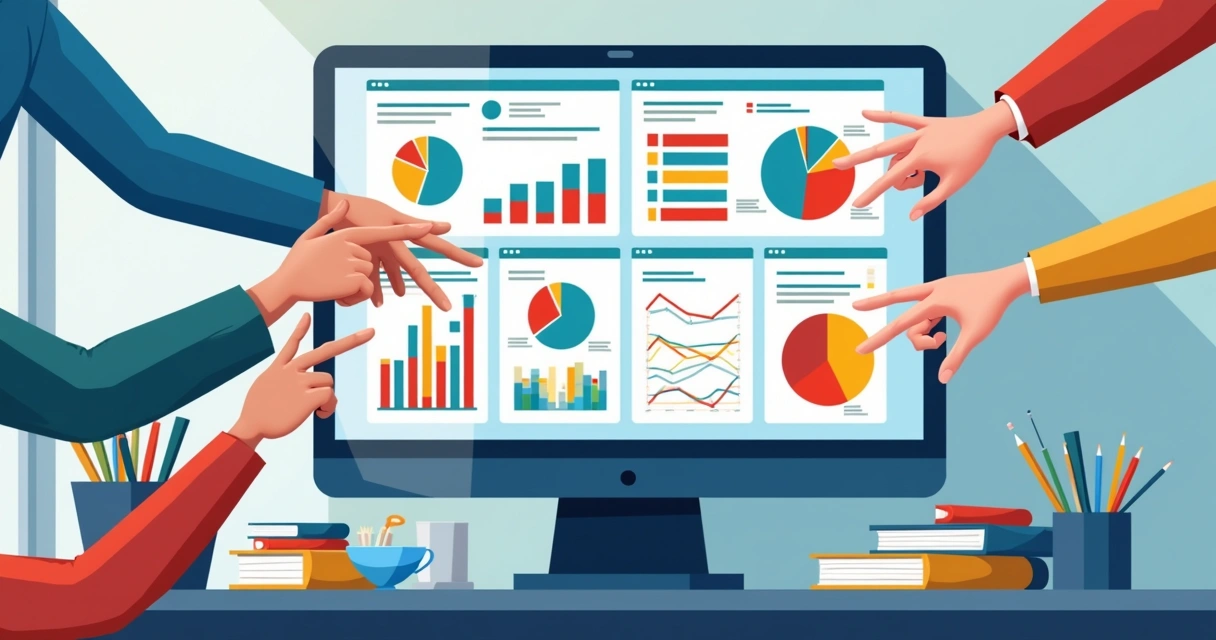 Dashboard colorido com gráficos interativos em tela de computador 