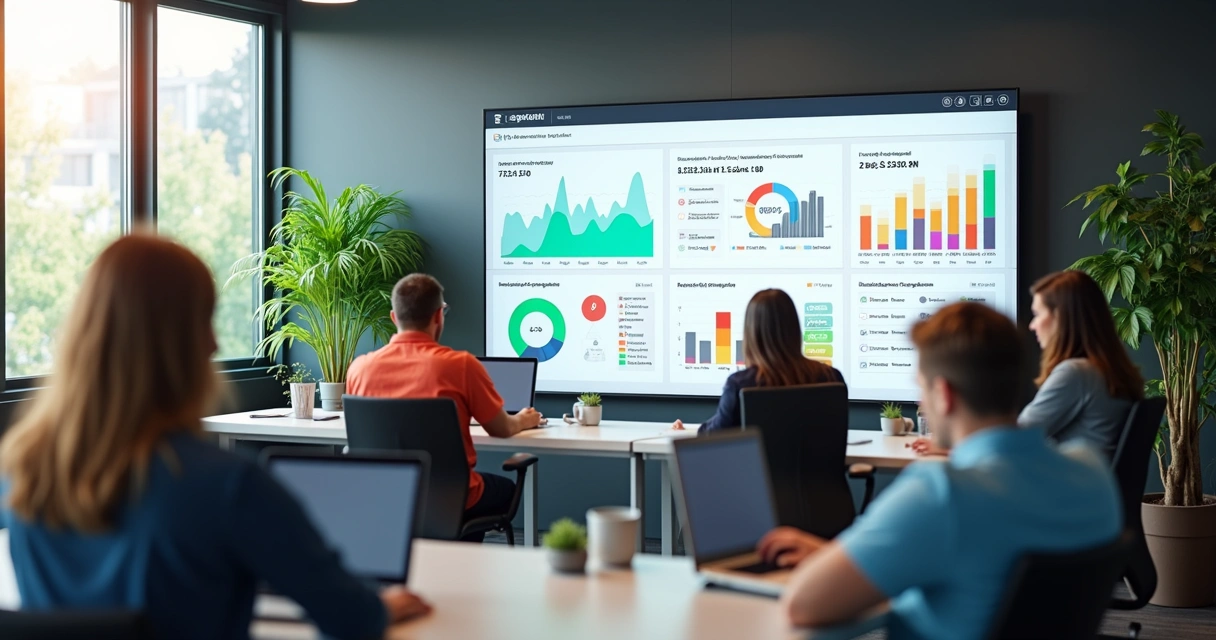 Painel digital mostrando dados de uso de salas em coworking