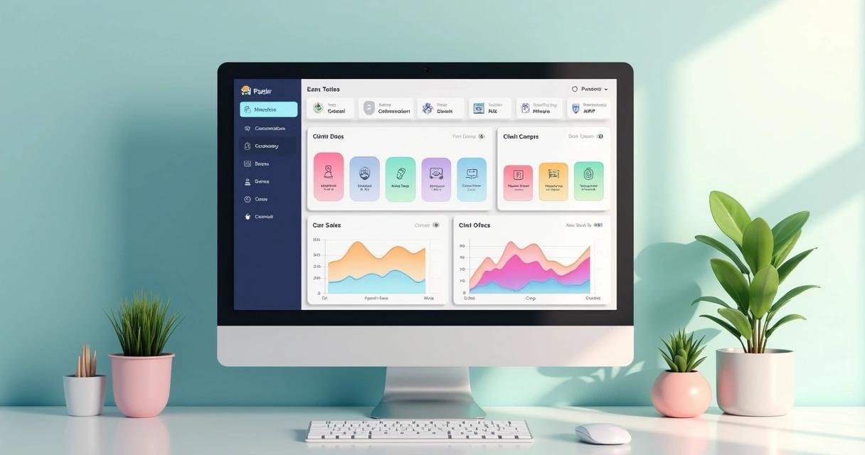 Dashboard com gráficos coloridos e filtros de marketplace 
