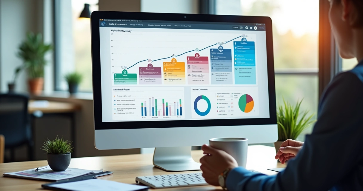 Dashboard colorido com gráficos sobre a jornada do cliente B2B 