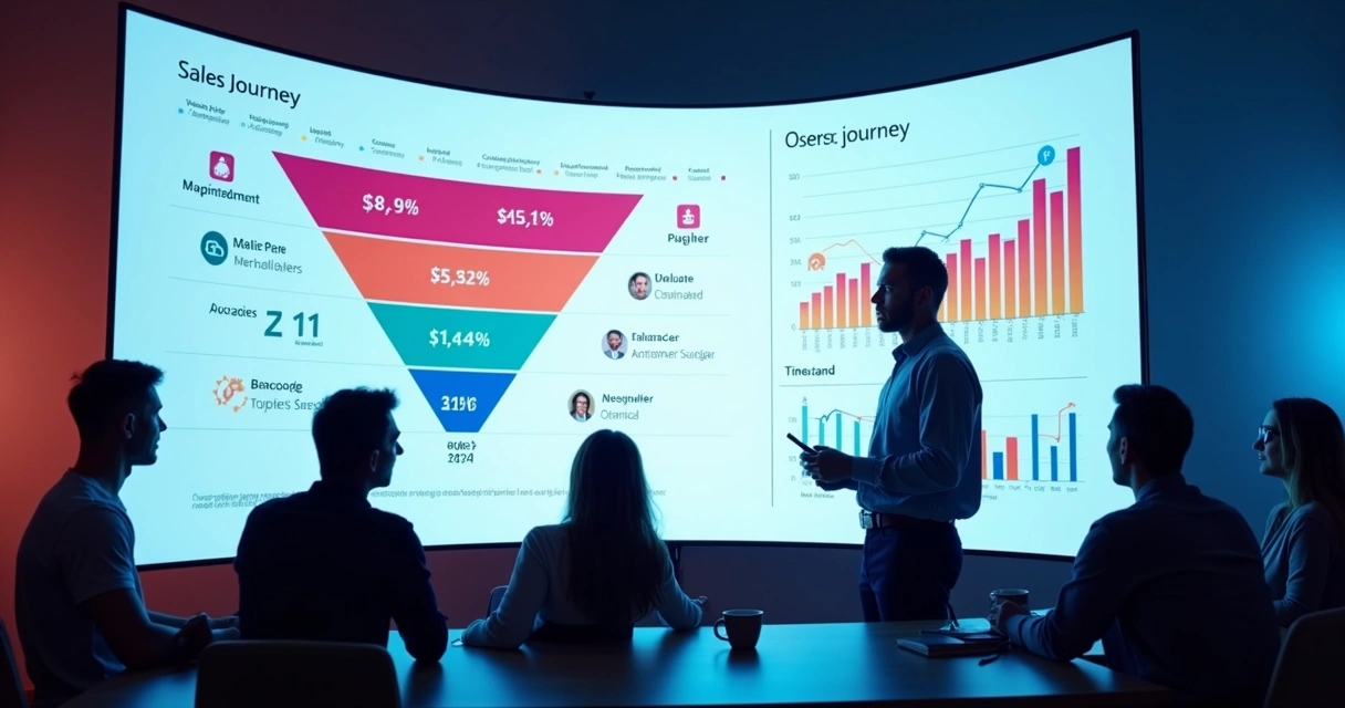 Painel digital mostrando funil de vendas e métricas de cliente 