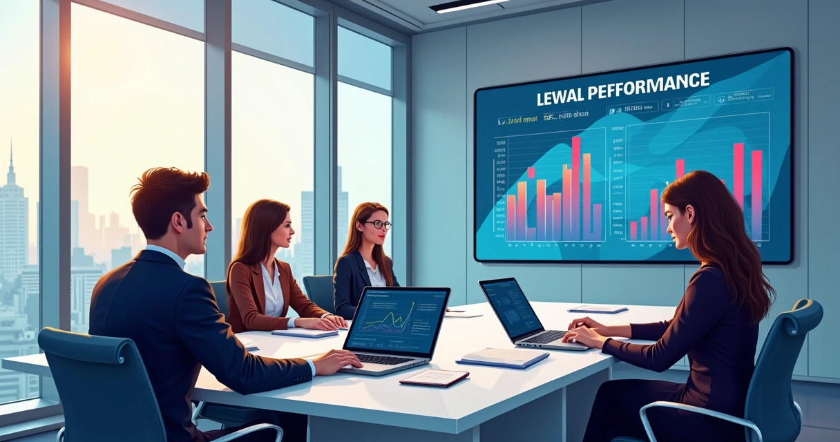Dashboard de desempenho jurídico com gráficos coloridos, equipe reunida em frente a uma grande tela 