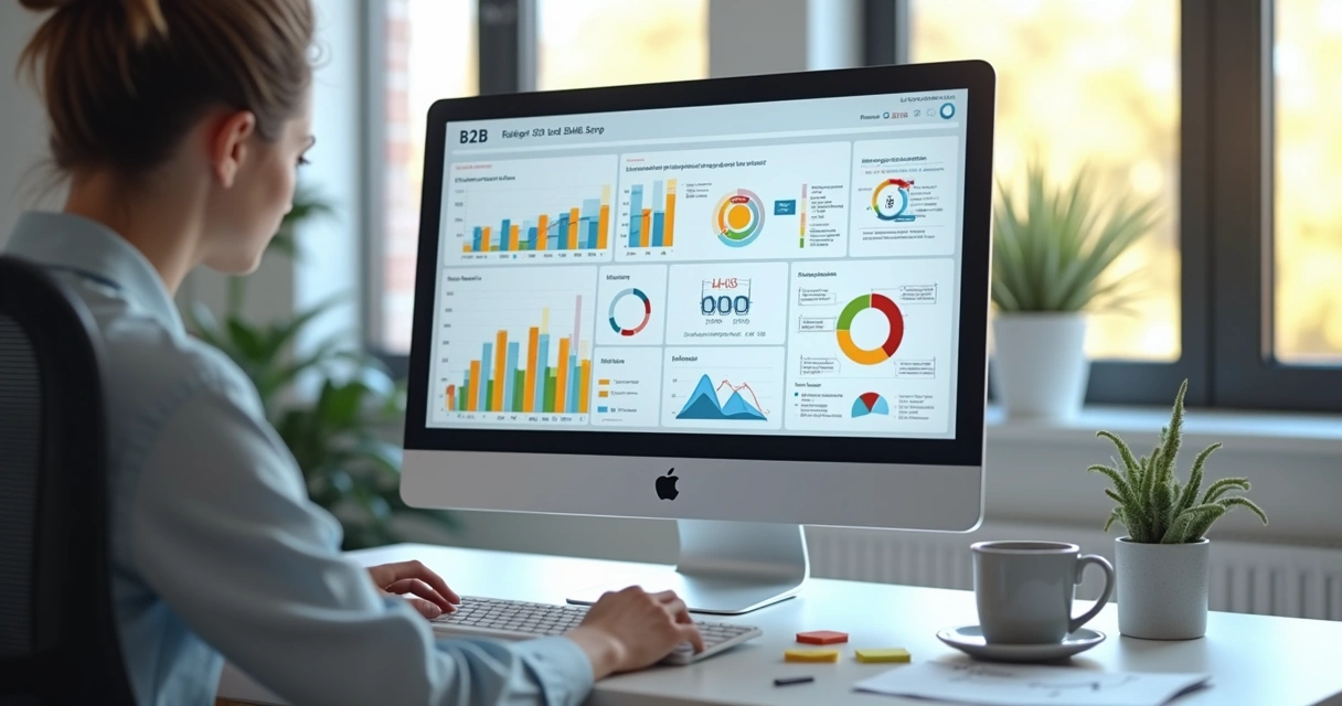 Dashboard digital com gráficos de KPIs B2B em tela de computador. 