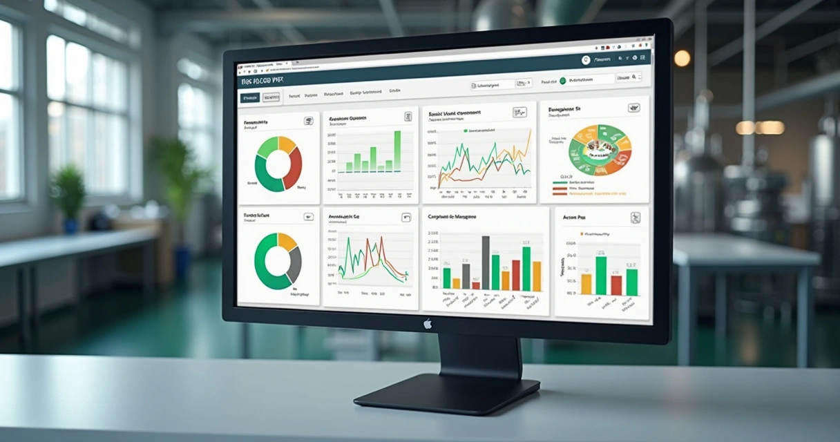 Dashboard digital com KPIs da indústria de alimentos na tela 