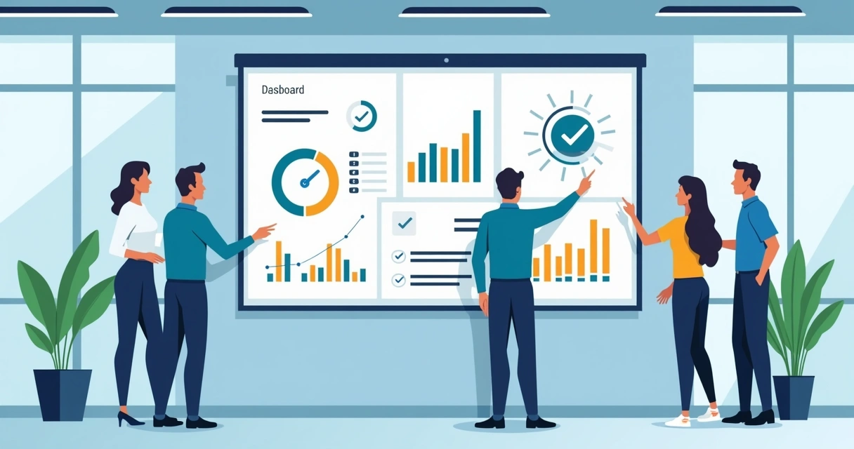 Painel digital com indicadores de desempenho, gráficos e metas de negócios integrados no Notion. 