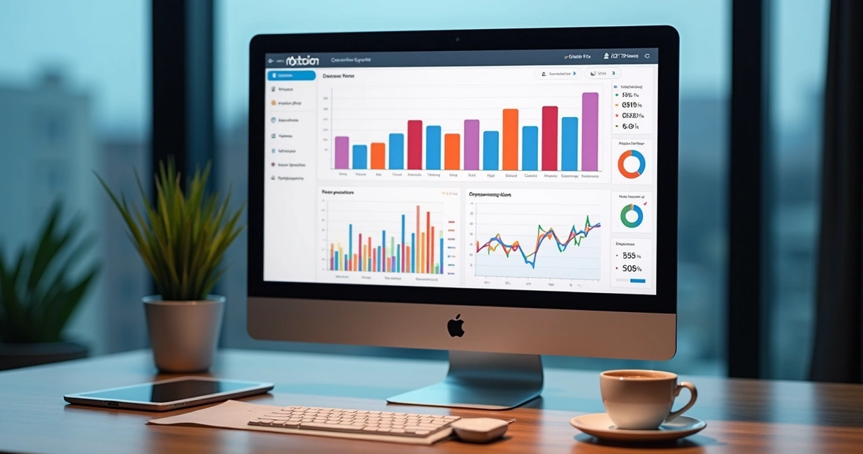 Painel Notion exibindo vários KPIs coloridos e gráficos de desempenho interativos 