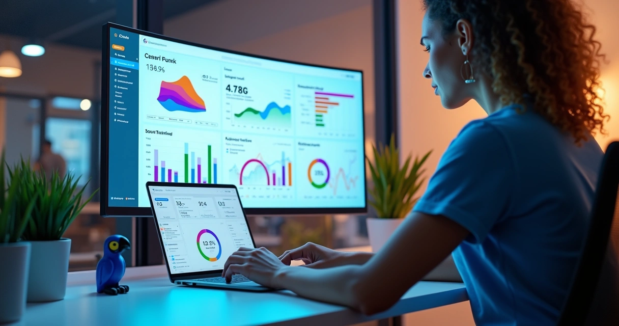 Painel de KPIs colorido em tela grande mostrando métricas de um app no-code 