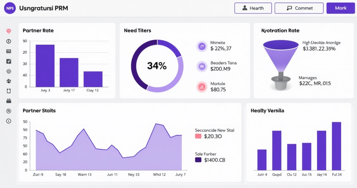 Dashboard com gráficos de KPIs de canais de parceiros, mostrando taxa de conversão, ativação e faturamento em destaque 