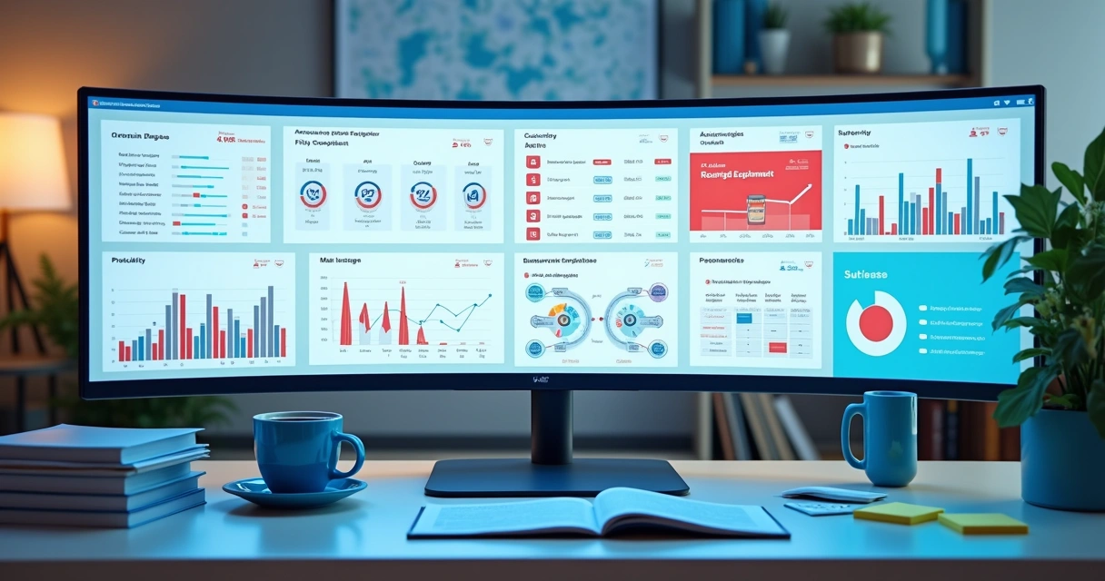 Painel contábil mostrando KPIs com gráficos de barras e avisos de prazos