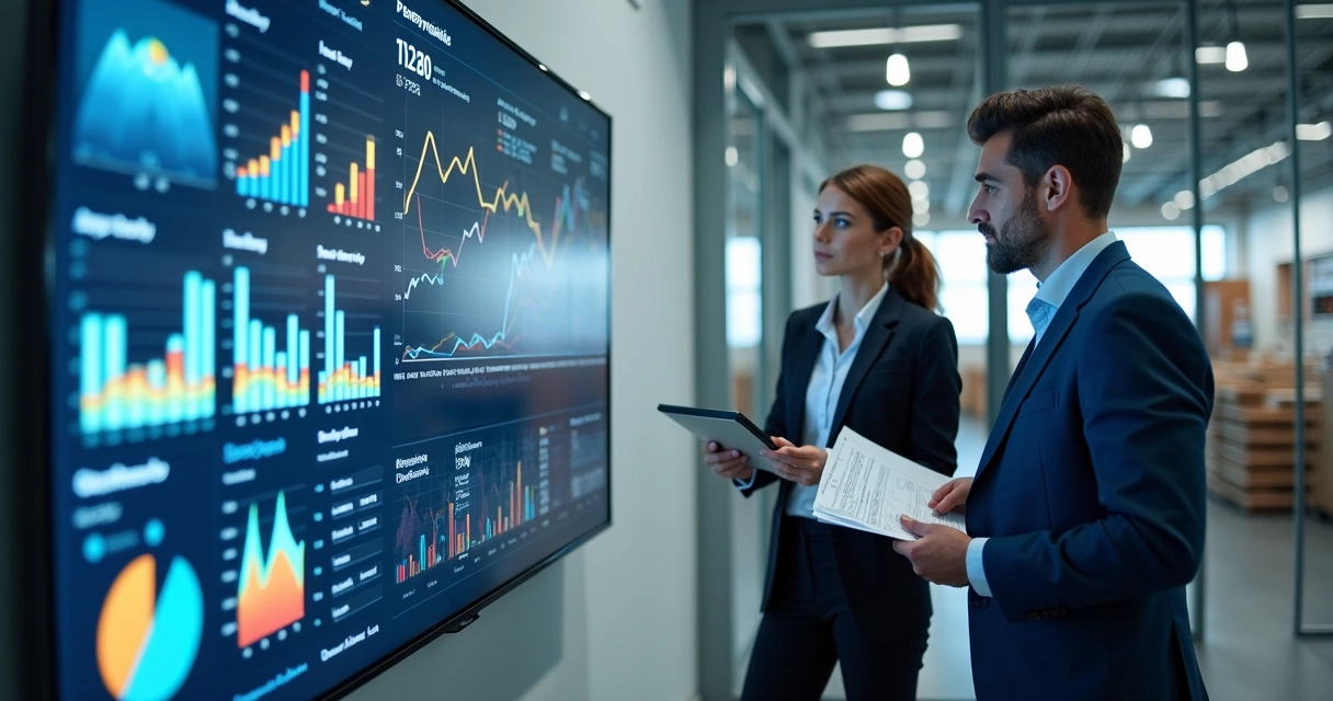 Dashboard de indicadores de desempenho de uma fábrica e distribuidora exibindo gráficos