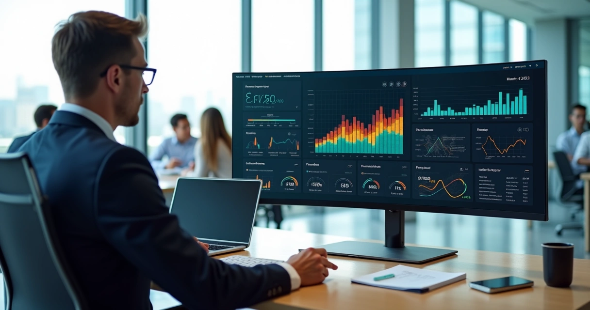 Gestor analisando painel de KPIs financeiros em tela grande de computador 