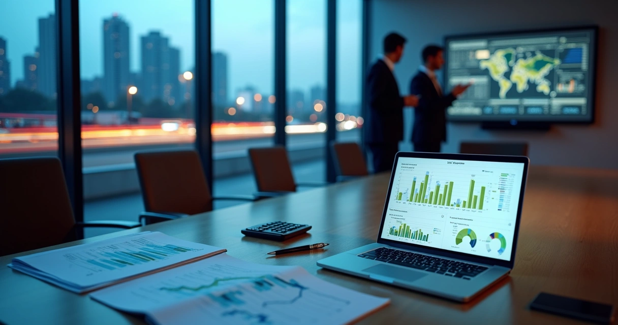 Dashboard de KPIs de gestão de frotas exibindo gráficos detalhados em notebook sobre mesa de escritório 