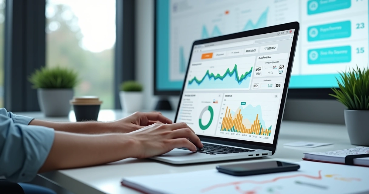 Painel com gráficos de KPIs de marketing de conteúdo em tela de notebook 