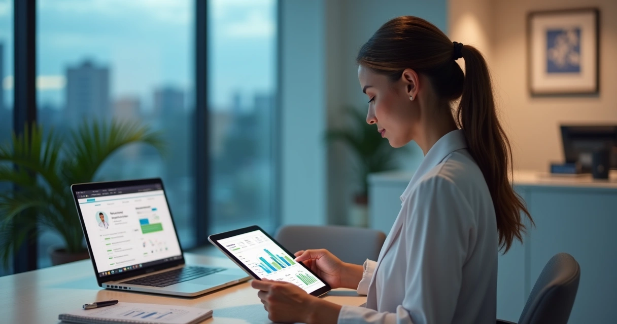 Gestora de clínica de saúde analisa no tablet o desempenho de uma landing page com gráficos coloridos na tela 