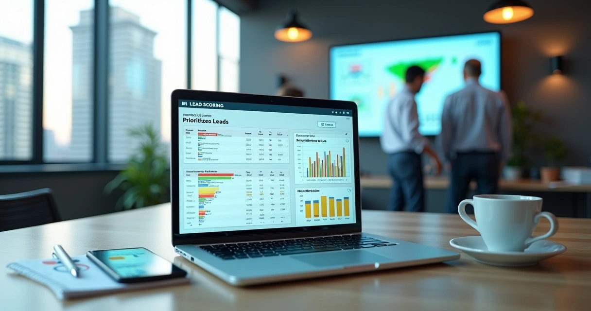 Dashboard de lead scoring destacando leads B2B prioritários em tela de notebook 