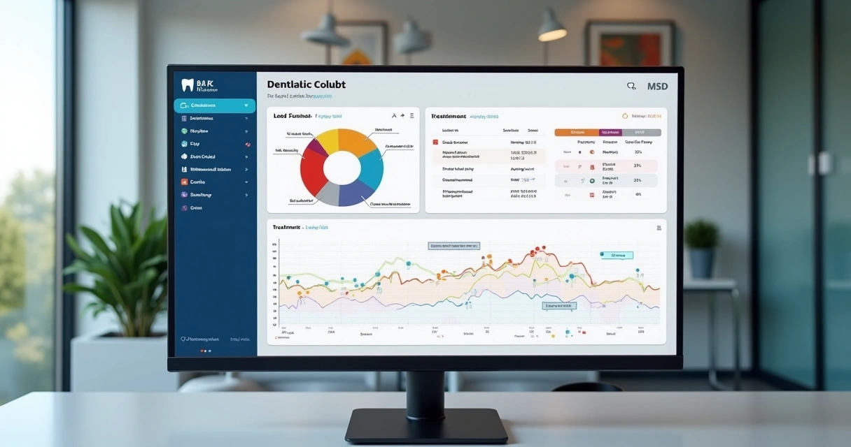 Dashboard colorido mostrando funil de leads de clínica odontológica