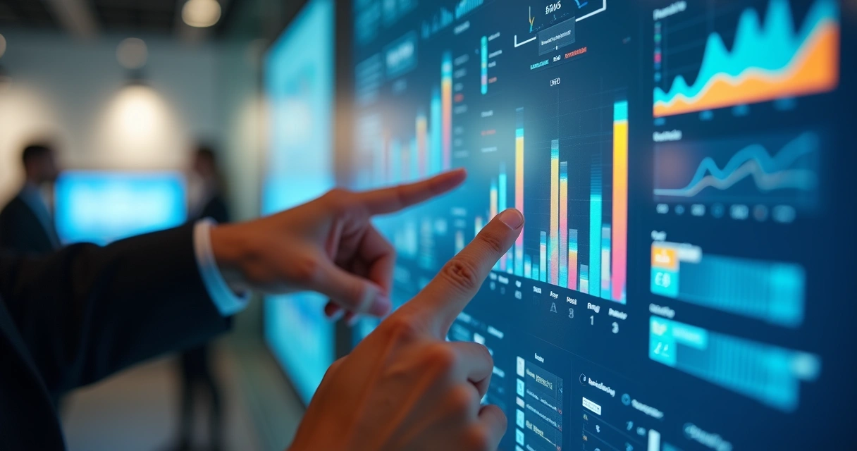 Mãos apontando para dashboard com gráficos de leads em tela touch em escritório. 