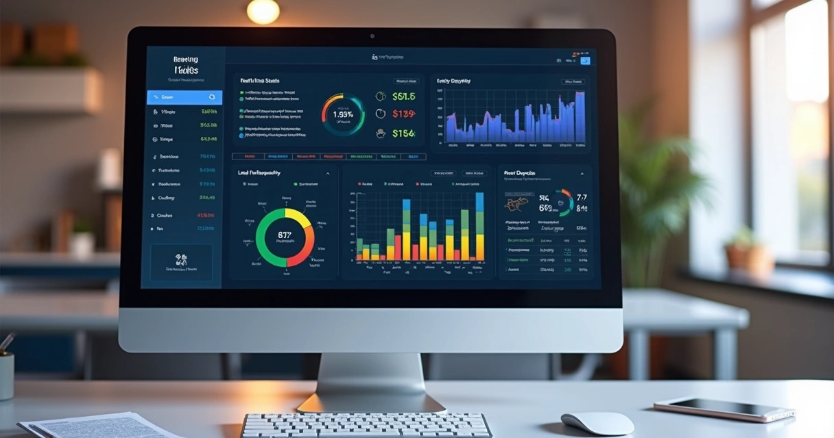 Dashboard digital exibindo gráficos e métricas de leads em tempo real em tela de computador com integração de múltiplos canais 