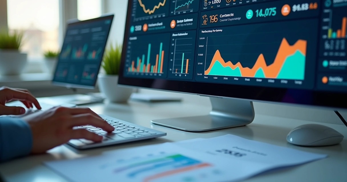 Painel digital com gráficos de leads e vendas em tempo real