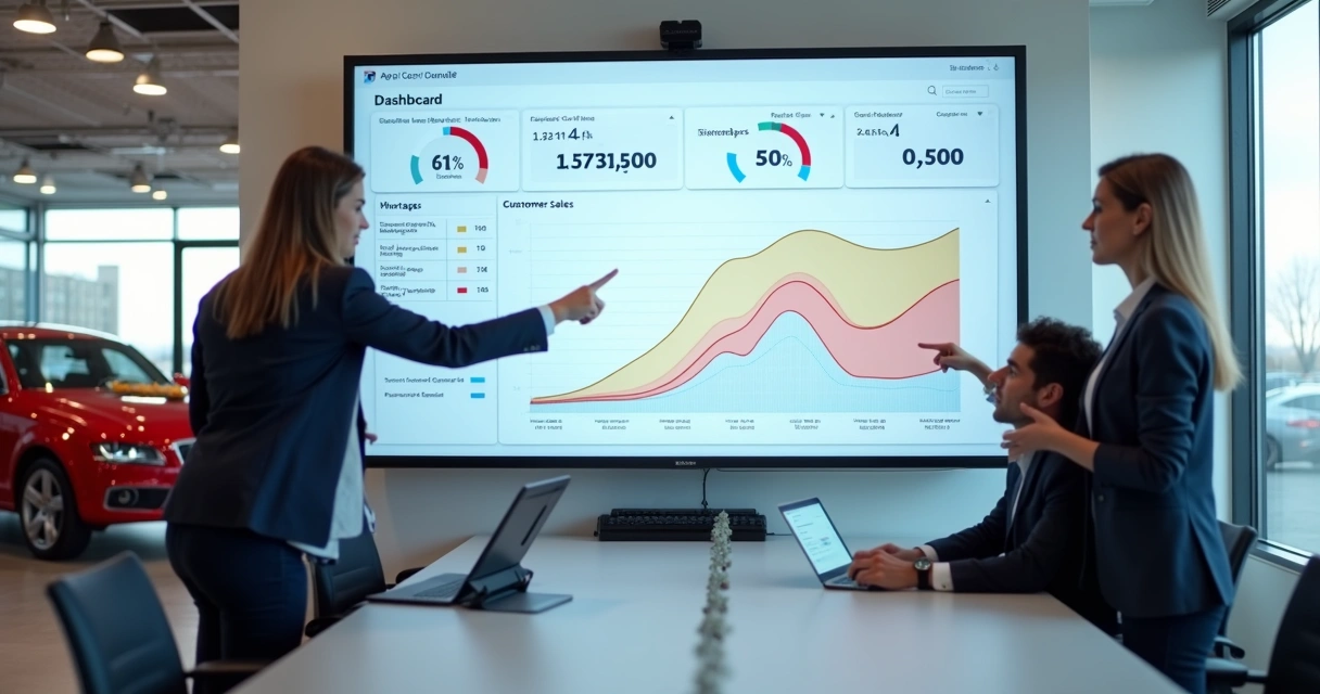 Dashboard de CRM de concessionária mostrando lead scoring e análise de vendas