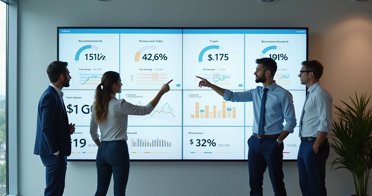 Dashboard mostrando métricas de automação e IA em tela grande, equipe analisando resultados 