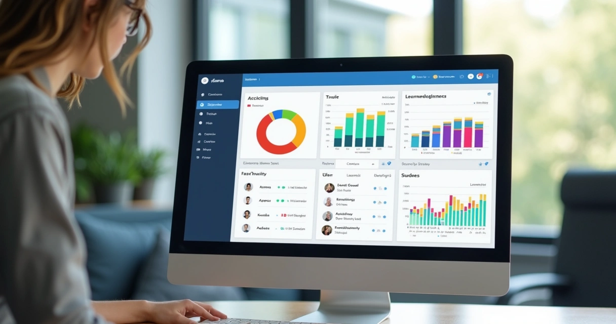 Painel de dashboard de LMS com gráficos e listas de progresso