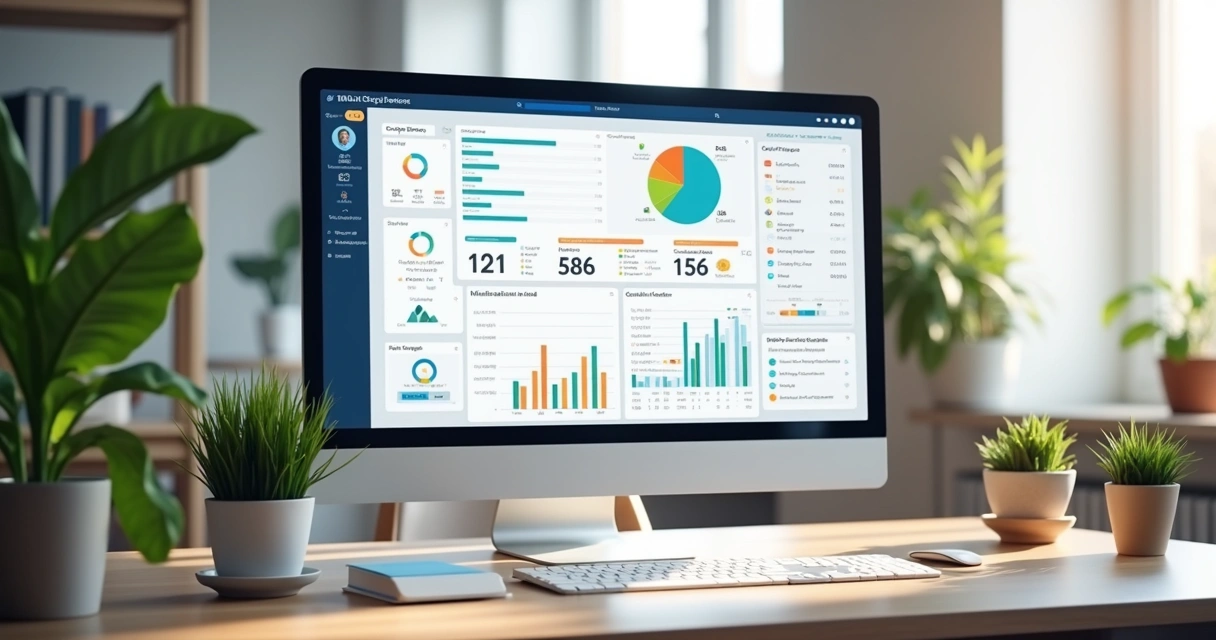 Dashboard de plataforma LMS empresarial em tela de computador 