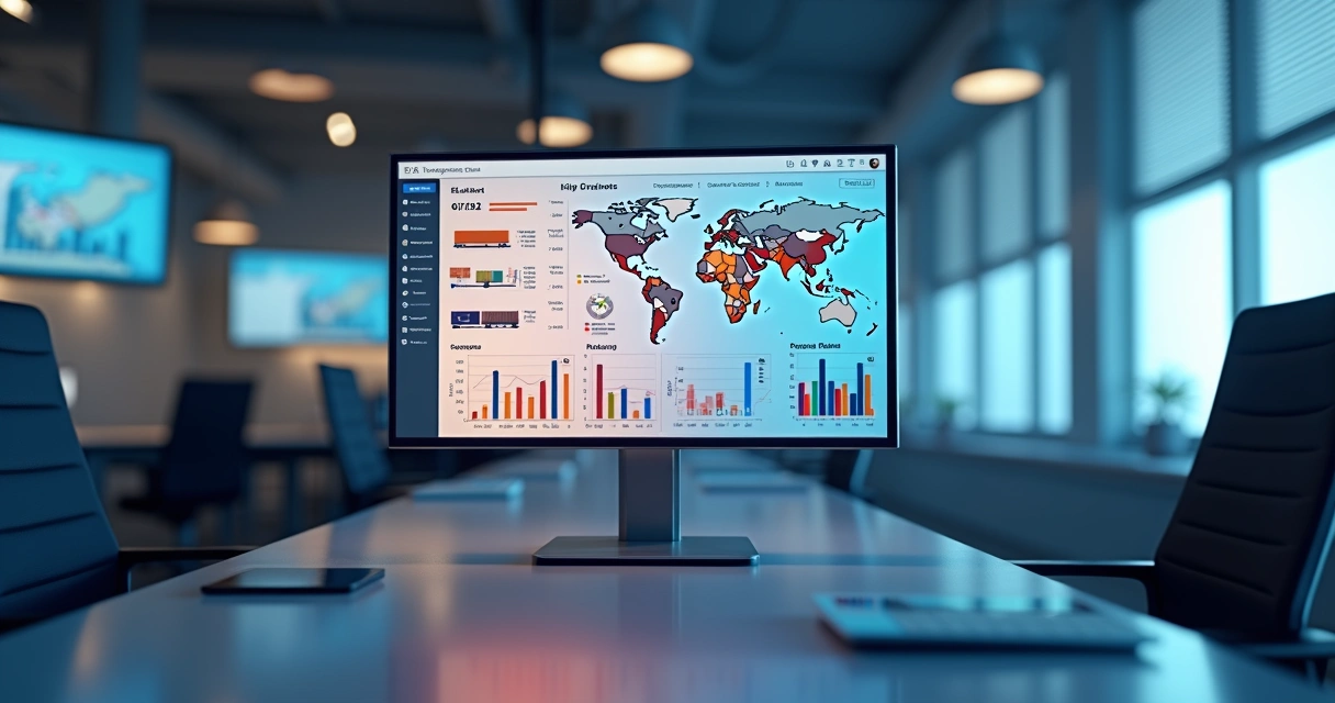 Dashboard de ERP logístico mostrando KPIs em tela ampla 
