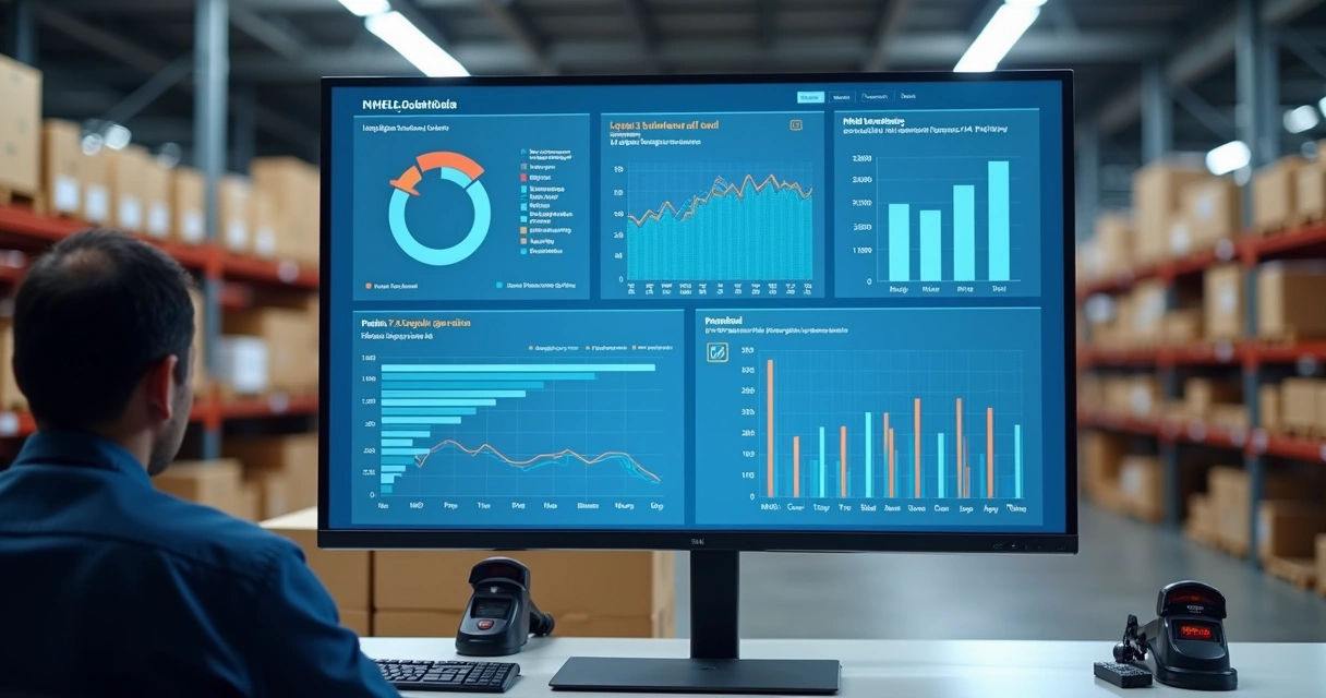 Dashboard logístico com gráficos de estoque e pedidos em armazém 