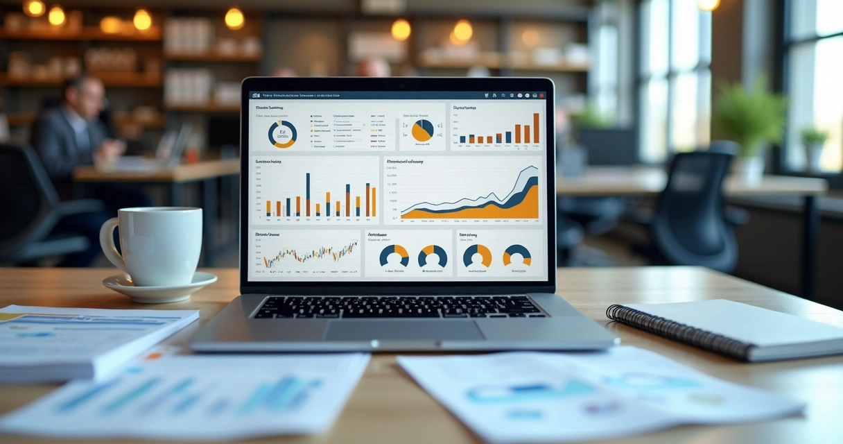Dashboard de BI com gráficos de vendas em tela de computador 