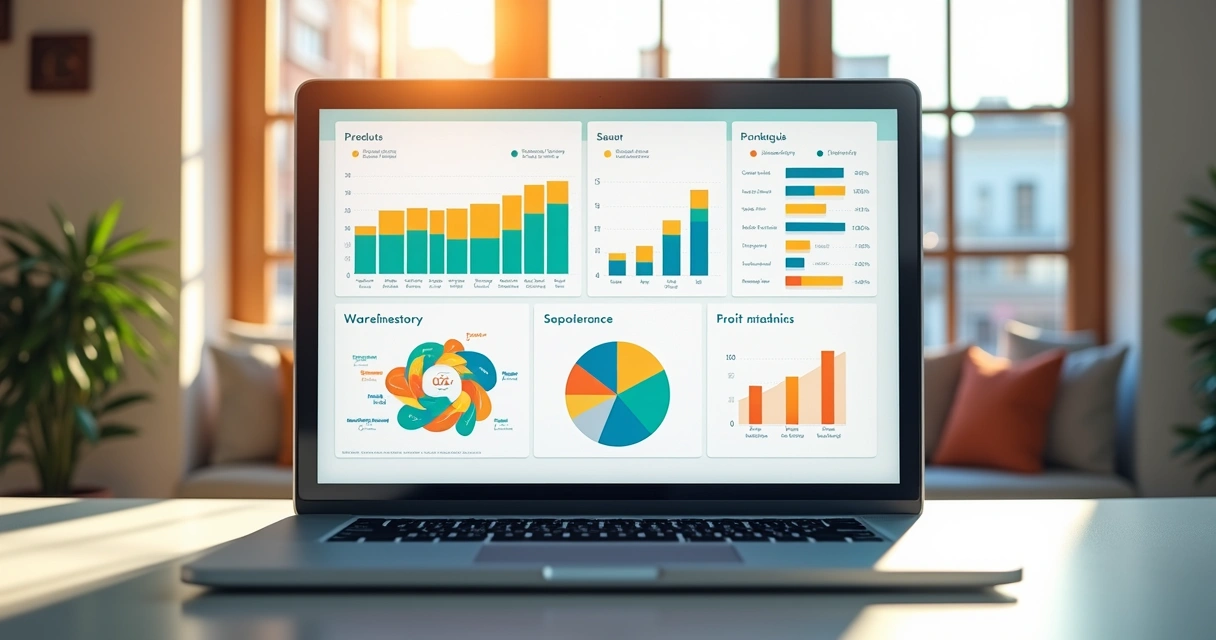 Dashboard colorido de sistema de gestão mostrando vendas, estoque e gráficos integrados para loja moderna