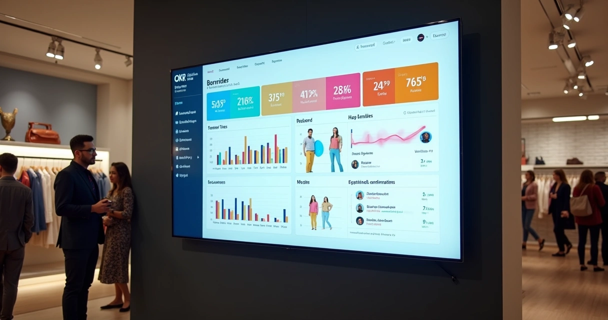 Dashboard de metas e OKR em tela grande no salão de loja