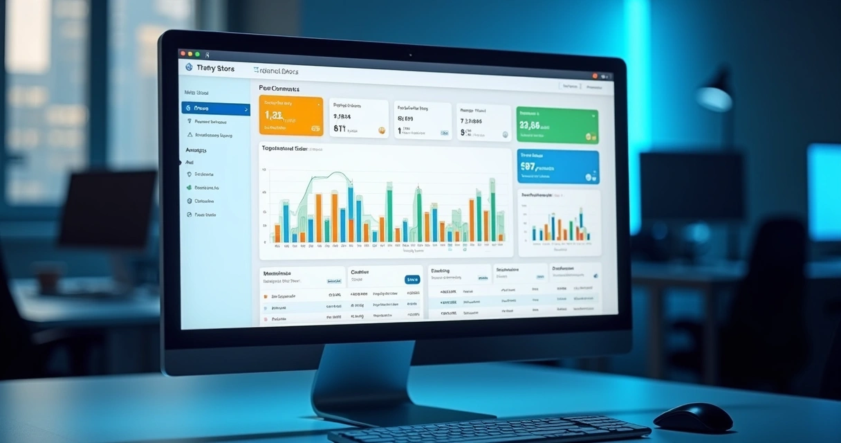 Visão do painel de controle de uma loja virtual com gráficos de vendas e lista de pedidos