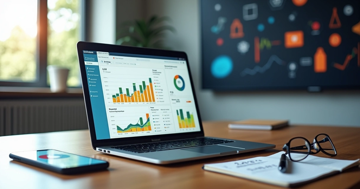 Dashboard de LTV e métricas de e-commerce em tela de notebook sobre mesa de trabalho 