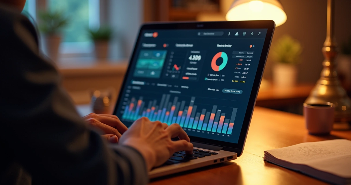 Pessoa analisando dashboard de lucro real de marketplace em notebook