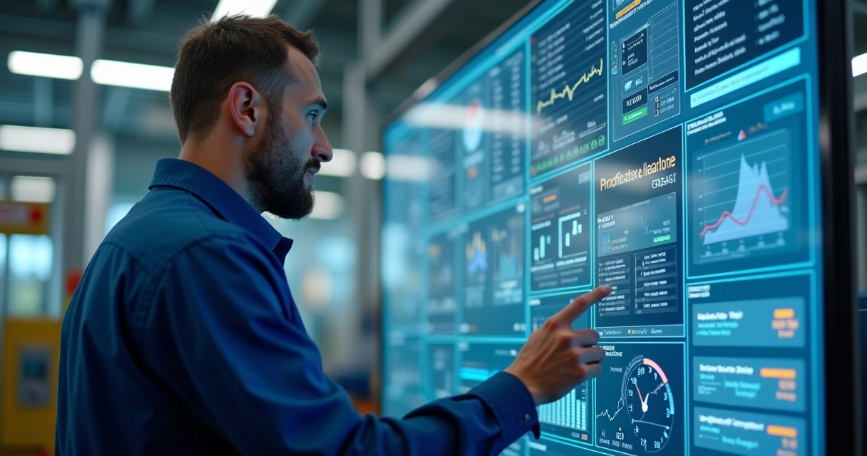 Dashboard digital de manutenção sendo analisado por engenheiro em ambiente industrial