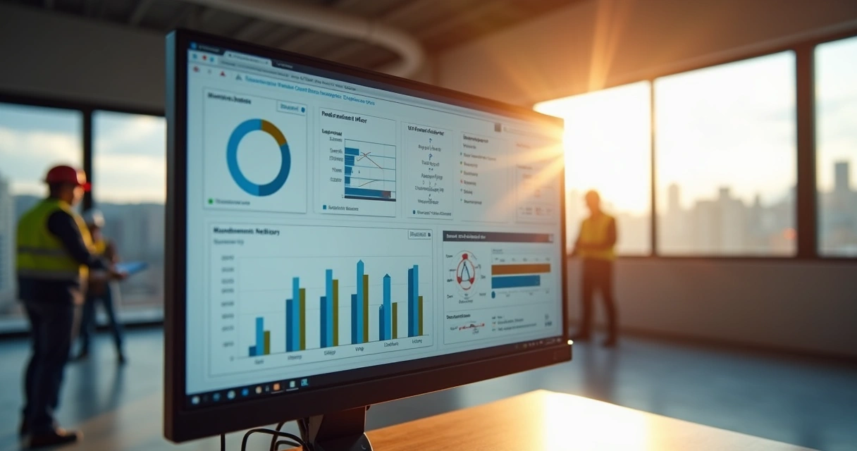 Dashboard digital de manutenção pós-obra em tela de computador 