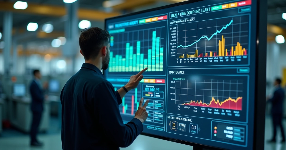 Dashboard digital exibe gráficos preditivos e alertas de manutenção 