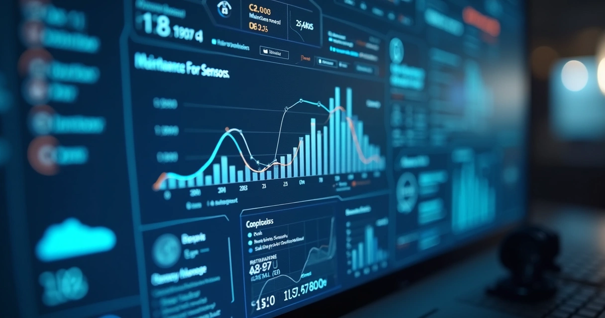 Dashboard digital mostrando notas de manutenção preditiva em sensores