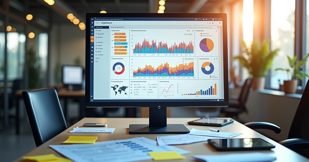 Dashboard preditivo mostrando gráficos de tendência de equipamentos industriais 