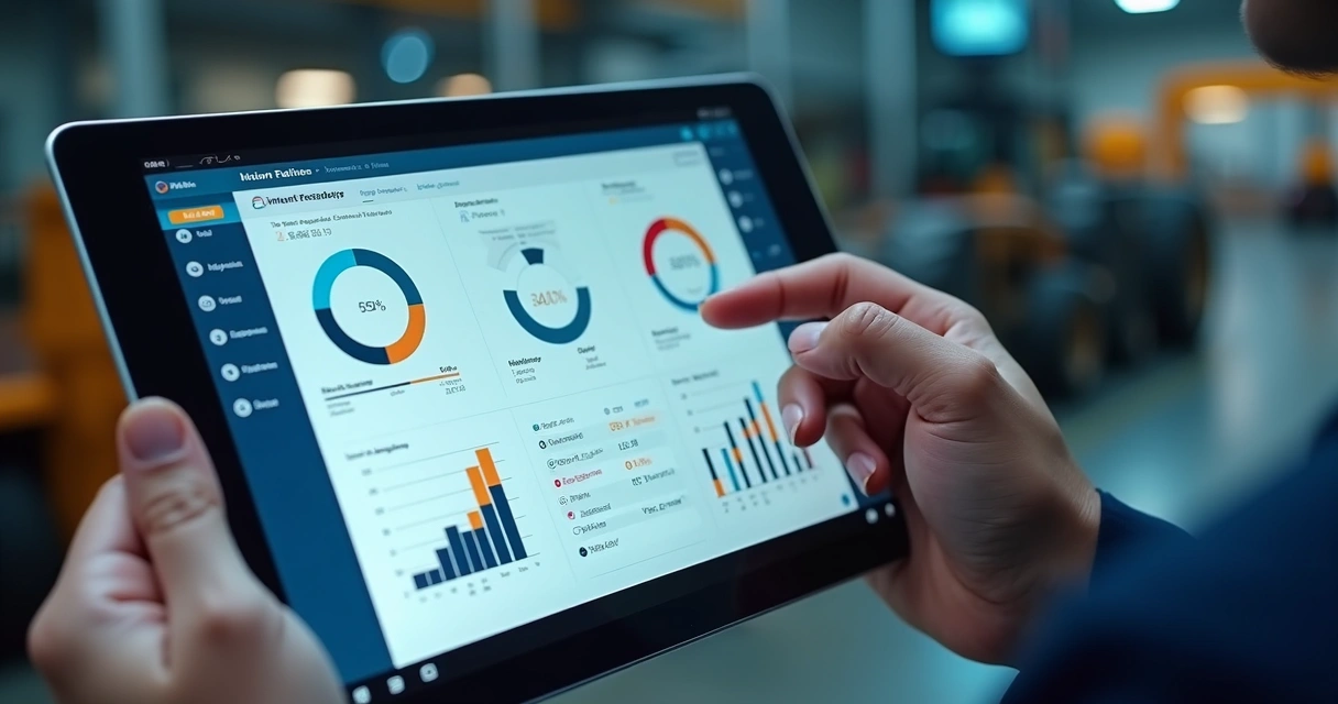 Painel digital com indicadores de manutenção e gráficos coloridos em tablet 
