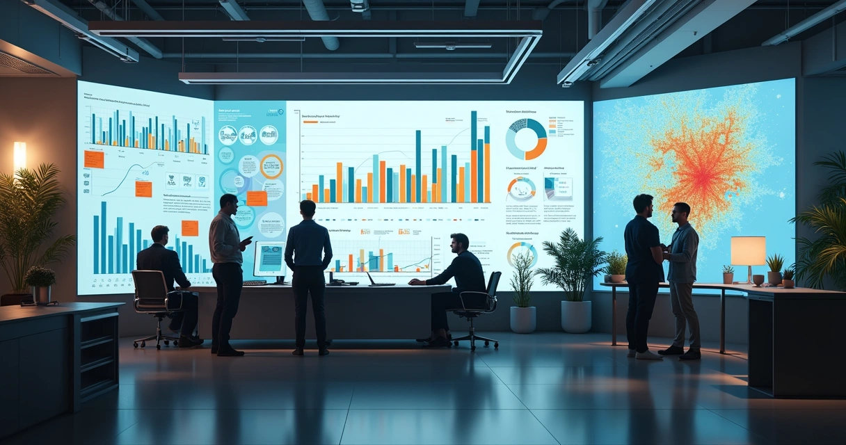 Dashboard de marketing mostrando integração de métricas online e offline em um escritório moderno 